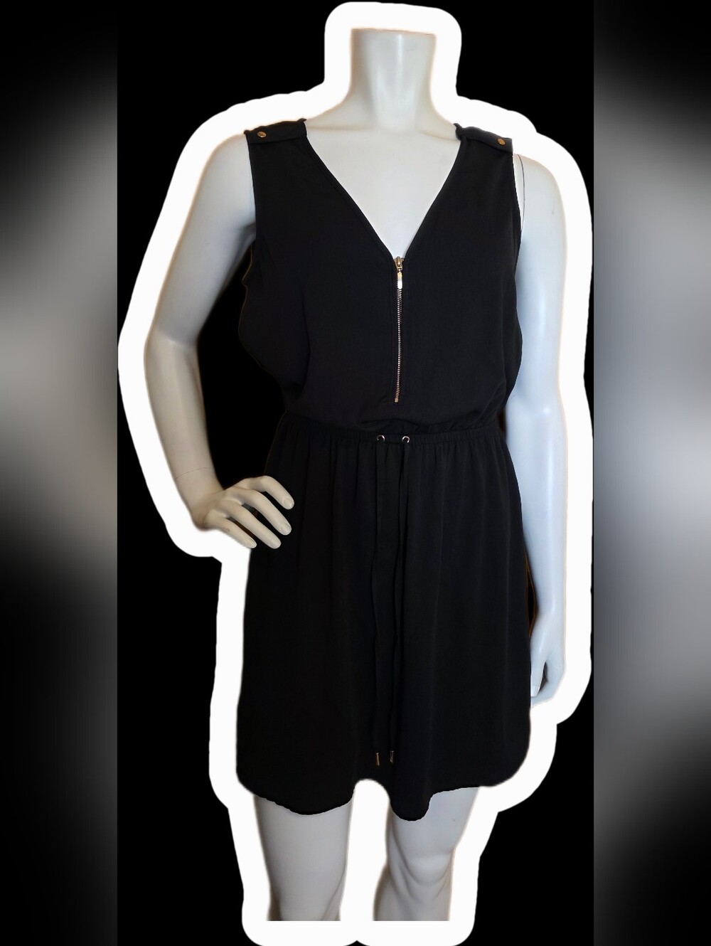 Black Sleeveless Zip Front Drawstring Dress